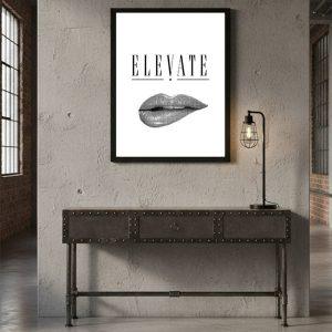 Black and white Motivational-Poster-elevate featuring a bold serif font over a minimalist stipple-art illustration of lips, created by Okos Koti for wellness and home office decor.